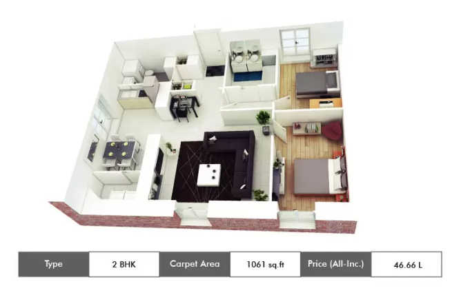 Casagrand Zenith Medavakkam - Floor plan 2 BHK 1061 Sq.ft