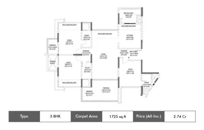 Pride Purple Park Grandeur Baner - Floor plan 3 BHK 1725 Sq.ft