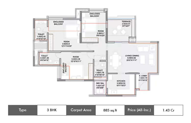 Floor plan for 3 BHK