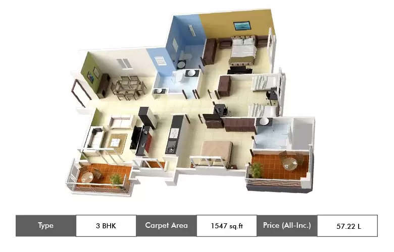 Floor plan for 3 BHK