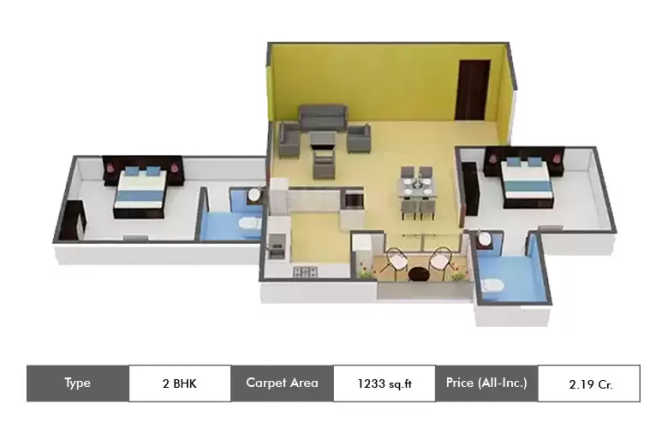 Appaswamy Clover By The River Adyar - Floor plan 2 BHK 1233 Sq.ft
