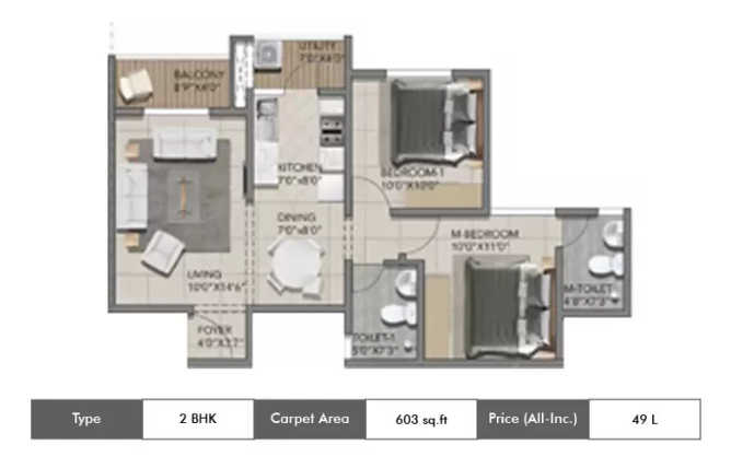 Shriram Suvilas Palms Myadarahalli - Floor plan 2 BHK 603 Sq.ft