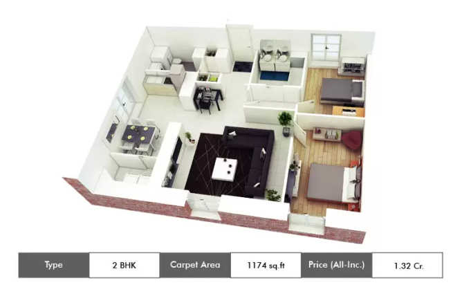 Appaswamy Capella Vadapalani - Floor plan 2 BHK 1174 Sq.ft
