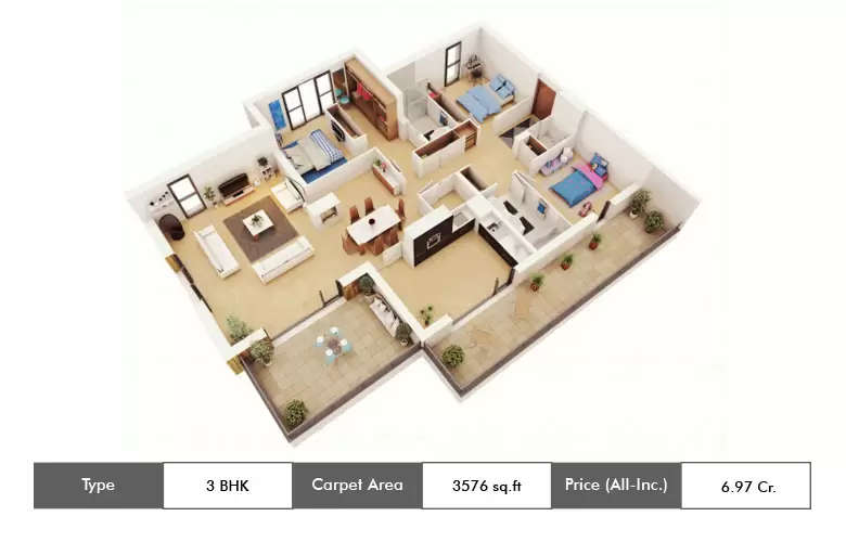 Floor plan for 3 BHK