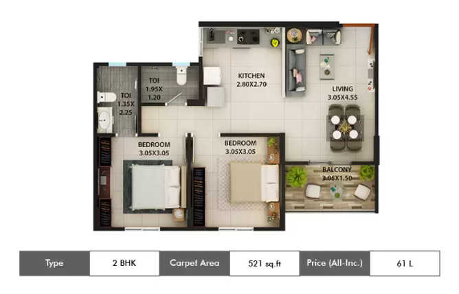 Kolte Patil Ivy Estate Nia Wagholi - Floor plan 2 BHK 521 Sq.ft