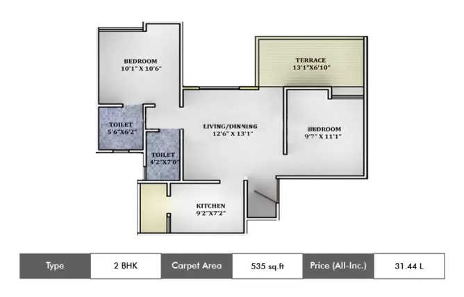 Excellaa Kalash Pirangut - Floor plan 2 BHK 535 Sq.ft