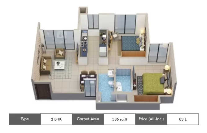 Vihang Valley Phase 3 Ghodbunder Road - Floor plan 2 BHK 536 Sq.ft