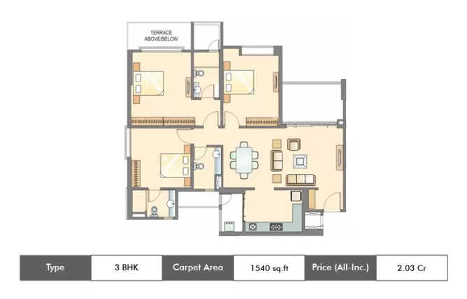 Pride Purple Park Titanium Wakad - Floor plan 3 BHK 1540 Sq.ft