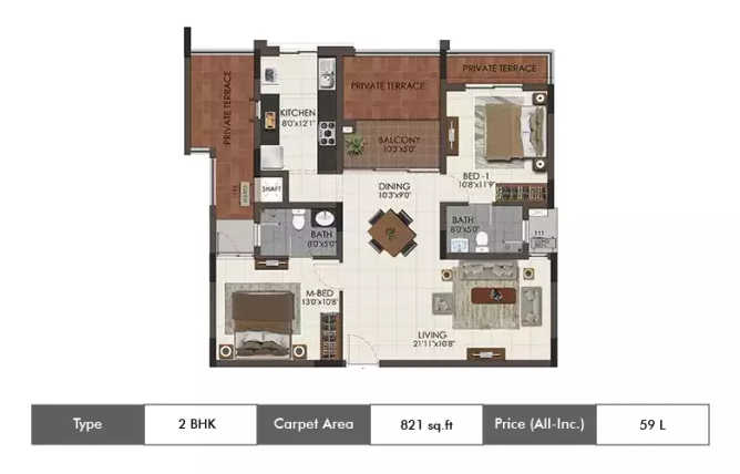 Casagrand Royale Sholinganallur - Floor plan 2 BHK 821 Sq.ft