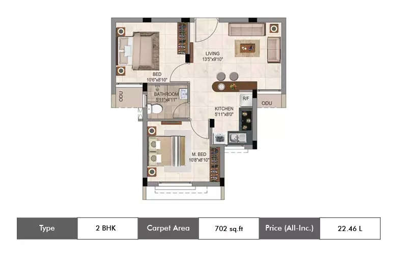 2 BHK Apartment 702 Sq.ft
