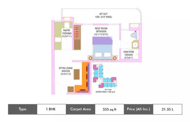 Ajnara Elements Sector 137 - Floor plan 1 BHK 555 Sq.ft