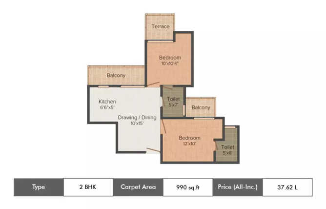 Amrapali O2 Valley Techzone IV Greater Noida W - Floor plan 2 BHK 990 Sq.ft