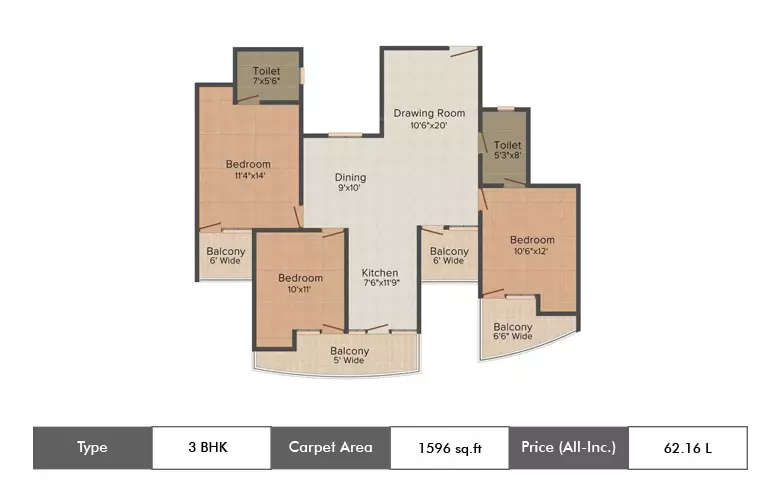 Floor plan for 3 BHK