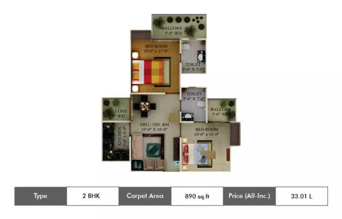 Supertech Ecovillage Sector 16B Greater Noida W - Floor plan 2 BHK 890 Sq.ft