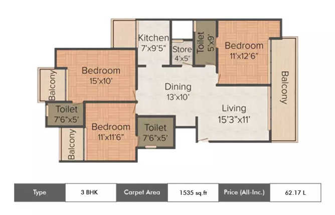 Amrapali Centurian Park Low Rise Techzone IV Greater Noida W - Floor plan 3 BHK 1535 Sq.ft