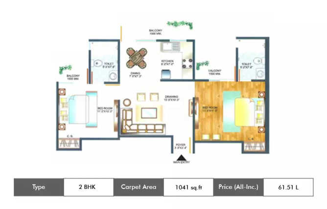 Amrapali Pan Oasis Sector 70 - Floor plan 2 BHK 1041 Sq.ft