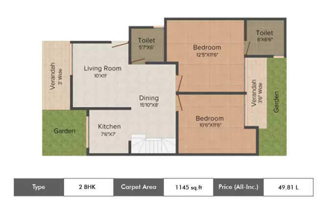 Supertech Oxford Square Sector 16B Greater Noida W - Floor plan 2 BHK 1145 Sq.ft