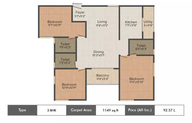 Shriram Luxor Chikkagubbi - Floor plan 3 BHK 1149 Sq.ft
