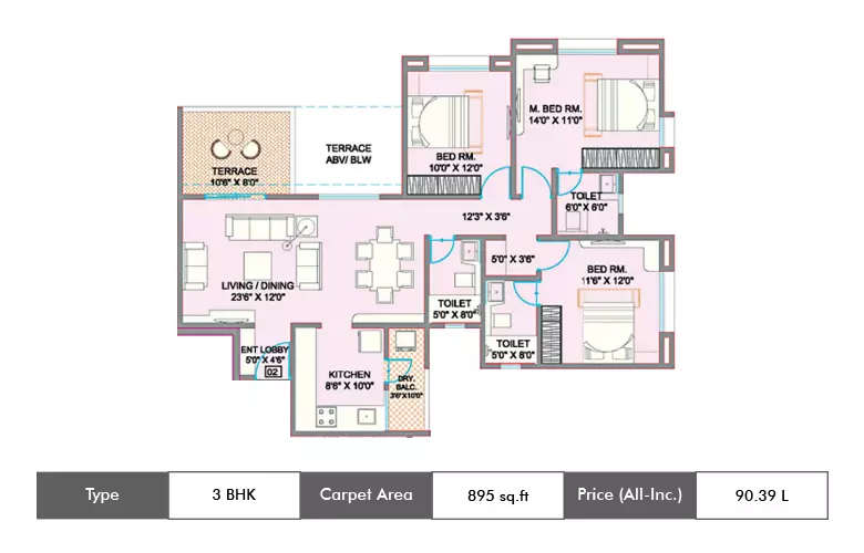 Floor plan for 3 BHK