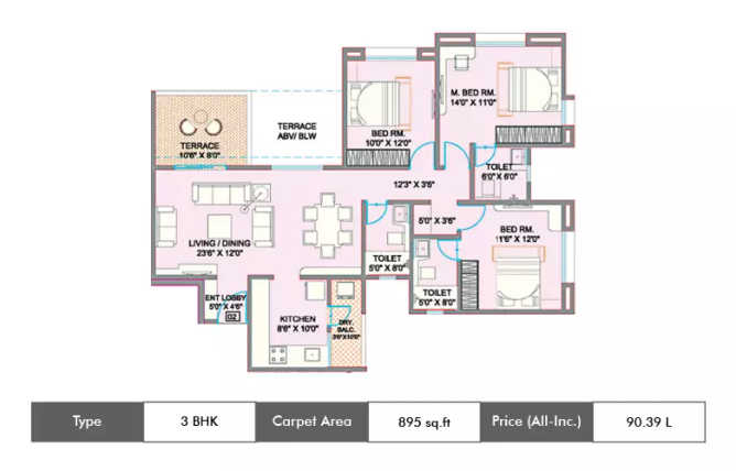 Ekta Florida Undri - Floor plan 3 BHK 895 Sq.ft