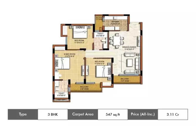 Platinum Crescenzo Seawoods - Floor plan 3 BHK 547 Sq.ft
