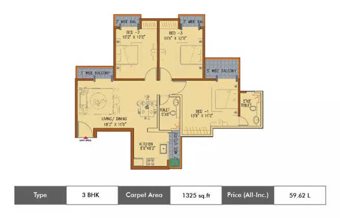 Amrapali Platinum Sector 119 - Floor plan 3 BHK 1325 Sq.ft