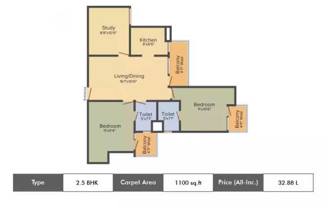 Amrapali Jaura Heights Techzone IV Greater Noida W - Floor plan 2.5 BHK 1100 Sq.ft