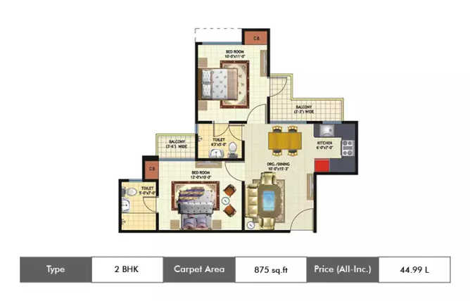 Amrapali Princely Estate Sector 76 - Floor plan 2 BHK 875 Sq.ft