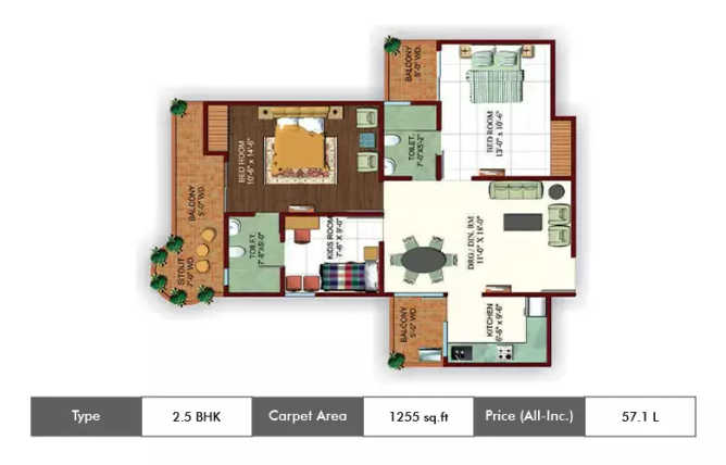 Ajnara Ambrosia Sector 118 - Floor plan 2.5 BHK 1255 Sq.ft