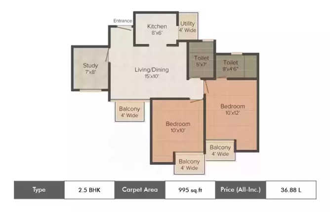 Ajnara City Sector 27 Greater Noida W - Floor plan 2.5 BHK 995 Sq.ft