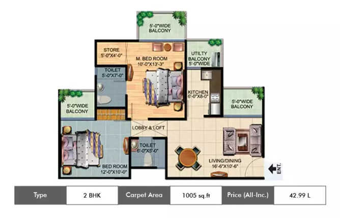 Ajnara Homes Sector 16B Greater Noida W - Floor plan 2 BHK 1005 Sq.ft