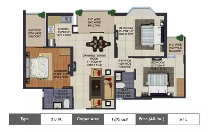 Ajnara Klock Tower Sector 74 - Floor plan 3 BHK 1295 Sq.ft