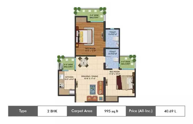 Ajnara Le Garden Sector 16B Greater Noida W - Floor plan 2 BHK 995 Sq.ft