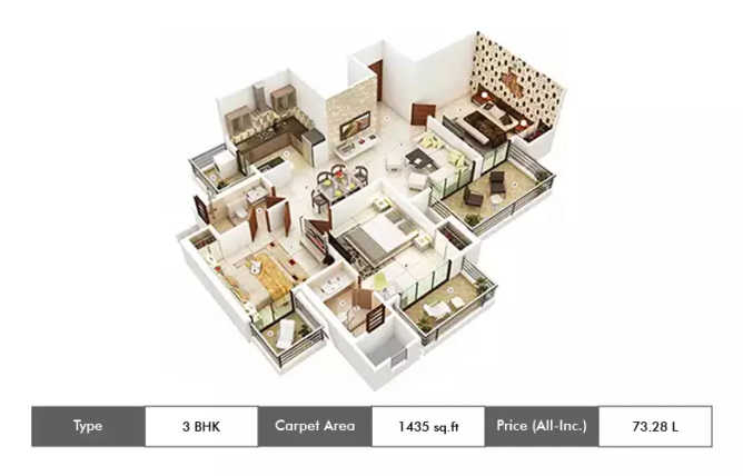 Ajnara The Belvedere Sector 79 - Floor plan 3 BHK 1435 Sq.ft