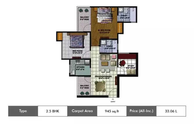 Amrapali Kingswood Sector 4 Greater Noida - Floor plan 2.5 BHK 945 Sq.ft