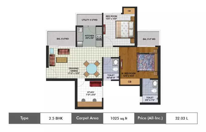 Amrapali Augusta Tower Sector 63 - Floor plan 2.5 BHK 1025 Sq.ft