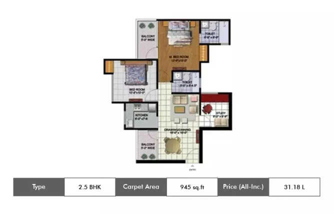 Amrapali Golf Homes Sector 4 Greater Noida - Floor plan 2.5 BHK 945 Sq.ft