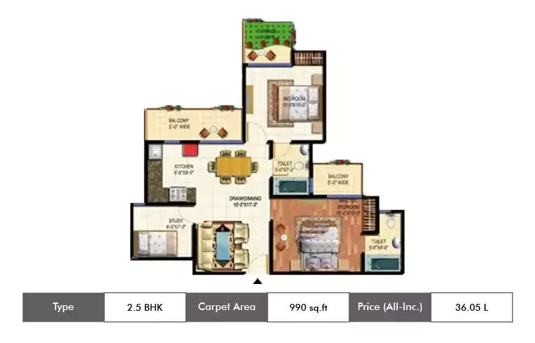 Floor plan for 2.5 BHK