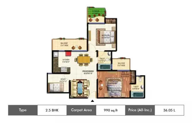 Amrapali Terrace Homes Techzone IV Greater Noida W - Floor plan 2.5 BHK 990 Sq.ft
