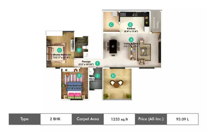 Gera Song Of Joy Kharadi - Floor plan 2 BHK 1233 Sq.ft