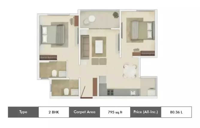 Rohan Ipsita Hinjewadi - Floor plan 2 BHK 795 Sq.ft