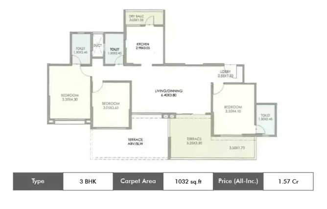 Kolte Patil 24K Stargaze Bavdhan - Floor plan 3 BHK 1032 Sq.ft