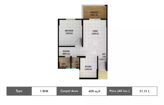 Kolte Patil Ivy Estate Wagholi - Floor plan 1 BHK 408 Sq.ft