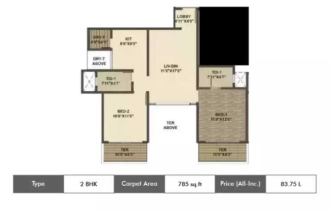 Kolte Patil Three Jewels Kondhwa - Floor plan 2 BHK 785 Sq.ft