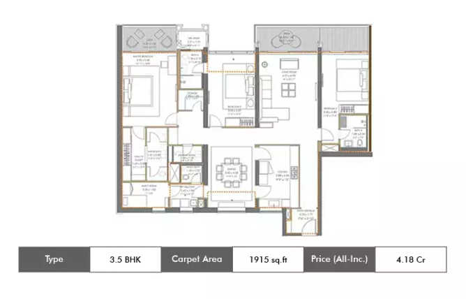 Panchshil Realty Towers Kharadi - Floor plan 3.5 BHK 1915 Sq.ft