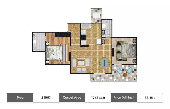 Vilas Javdekar Palladio Tathawade - Floor plan 2 BHK 1265 Sq.ft