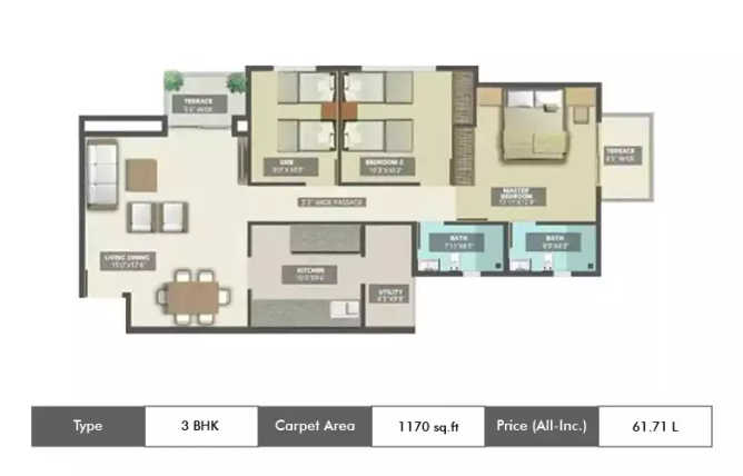 Tata Inora Park Undri - Floor plan 3 BHK 1170 Sq.ft