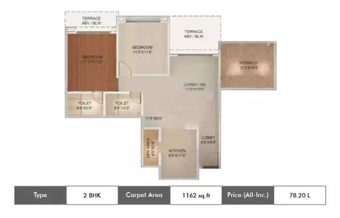 Kolte Patil Langston Kharadi - Floor plan 2 BHK 1162 Sq.ft