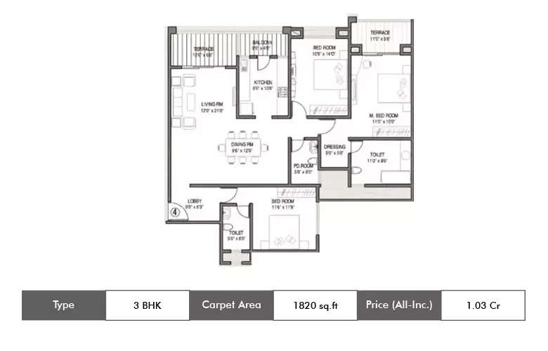Floor plan for 3 BHK