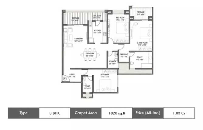 Kolte Patil 24K Allura Undri - Floor plan 3 BHK 1820 Sq.ft